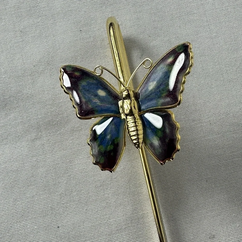 Vintage Solid Brass Butterfly Bookmark Blue Enamel Book Mark w/ Box